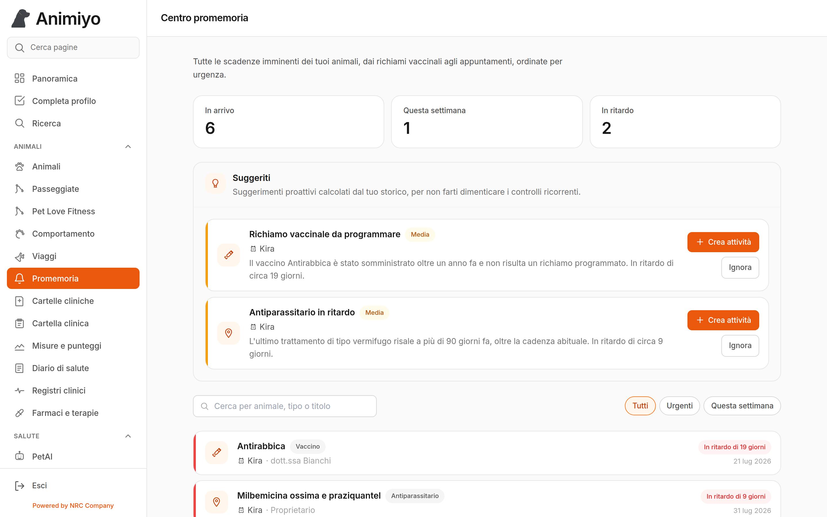 Centro promemoria con sei scadenze in arrivo, due in ritardo e due suggerimenti calcolati dallo storico
